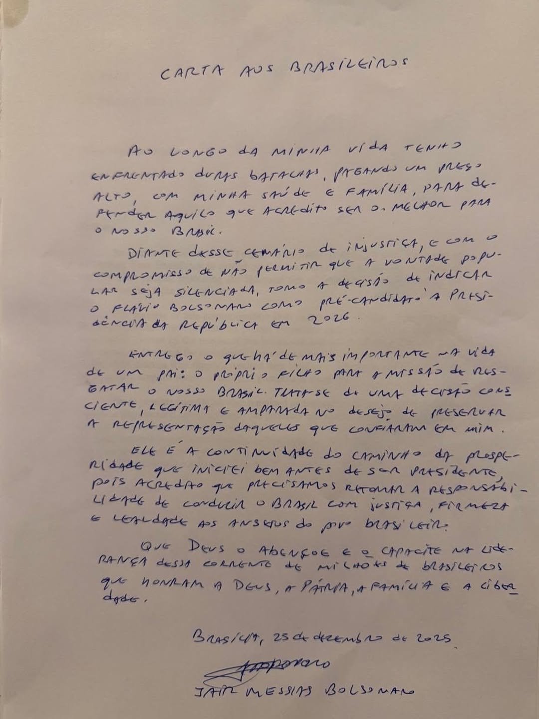 Carta foi divulgada nesta quinta-feira (25), antes da cirurgia de Bolsonaro | abc+