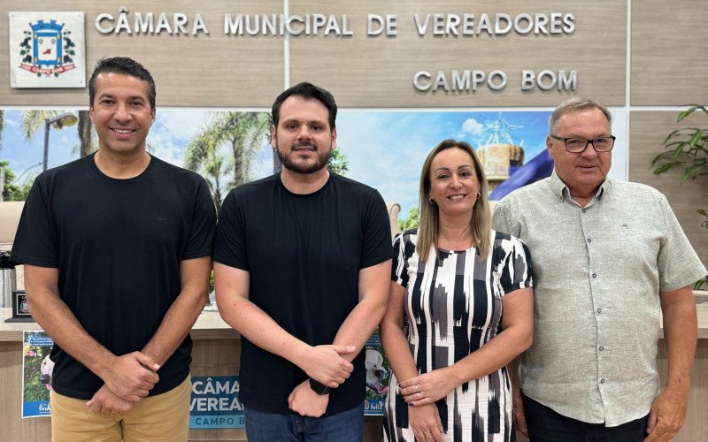 Mesa que comandará o Legislativo em Campo Bom será composta pelo vice-presidente Cleber Nunes (MDB), presidente João Paulo (MDB), primeira-secretária Michele Closs (PDT) e segundo-secretário Alexandre Hoffmeister (PP) | abc+