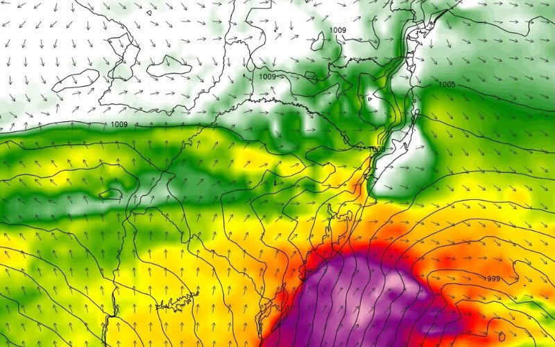 Mapa mostra projeção de vento do modelo europeu para a manhã de sábado (3), segundo MetSul Meteorologia | abc+