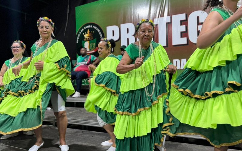 Integrantes da escola de samba apresentam figurino para esta temporada