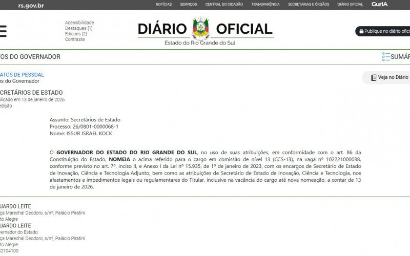 Nomeação de Issur está no Diário Oficial do Estado | abc+