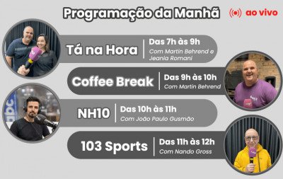 AO VIVO: Assista aos programas Tá na Hora, Coffee Break, NH10 e 103 Sports desta segunda-feira, 1º