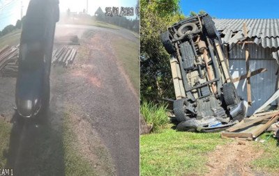 VÍDEO: Imagens mostram momento em que veículo atravessa canteiro e capota em madeireira na Estrada do Mar