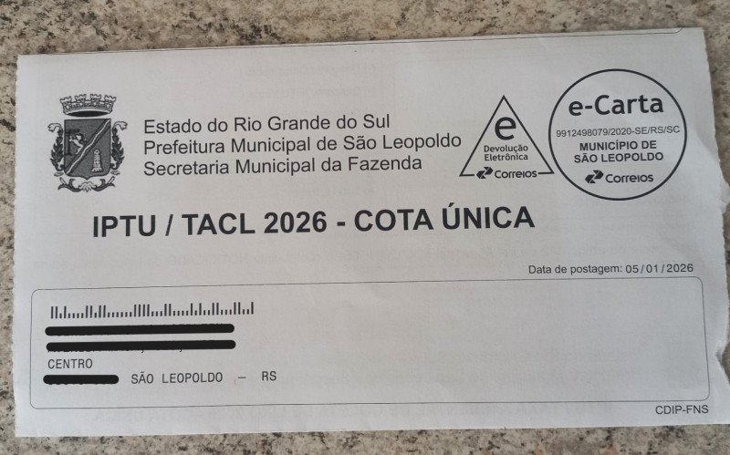Boleto da cota única do IPTU 2026 de São Leopoldo foi enviado a munícipes