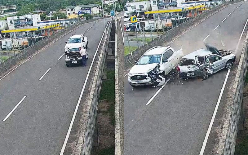 V&Iacute;DEO: Imagens mostram momento em que motorista &eacute; arremessado de viaduto ao descer para fechar cap&ocirc; de carro