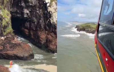VÍDEO: Bombeiros buscam por homem que caiu no mar ao tentar tirar foto em Torres