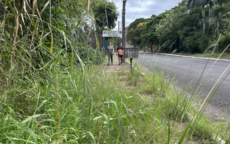Mãe e filho atravessaram a rua para caminhar no lado oposto à calçada do Parcão devido ao mato alto | abc+