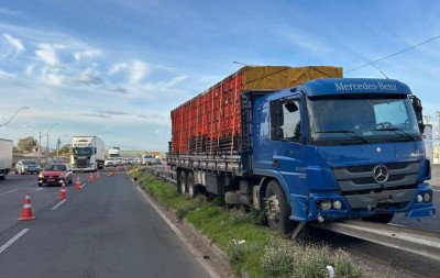 VÍDEO: Caminhão fica "acavalado" em guard-rail e cena inusitada chama atenção em trecho da região da BR-116