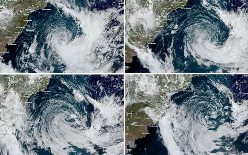 Imagem de satélite mostra o ciclone na costa do Brasil na tarde do domingo (acima e à esquerda), na tarde de segunda-feira (acima e à direita), na tarde de terça-feira (abaixo e à esquerda) e na tarde da quarta-feira (abaixo e à direita) | abc+