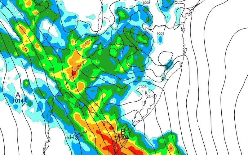 Mapa mostra projeção de precipitação e pressão atmosférica para segunda-feira com dados do modelo do Centro Meteorológico Europeu (ECMWF) | abc+