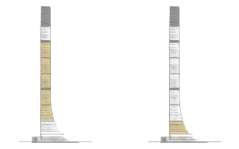 Ilustração mostra, em amarelo, onde ficarão apartamentos (direita) e mansões suspensas (esquerda) no Senna Tower | abc+