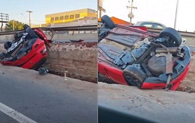 VÍDEO: Carro fica suspenso no vão de obra da BR-116 após capotagem