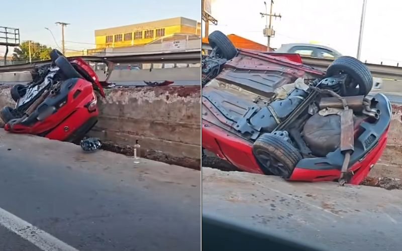 VÍDEO: Carro fica suspenso no vão de obra da BR-116 após capotagem
