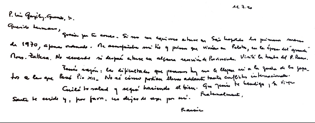 Reprodução de carta escrita por Papa Francisco em que confirma que esteve no túmulo de Padre Reus, em São Leopoldo