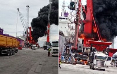 VÍDEO: Guindaste pega fogo e gera imensa nuvem de fumaça no Porto de Rio Grande
