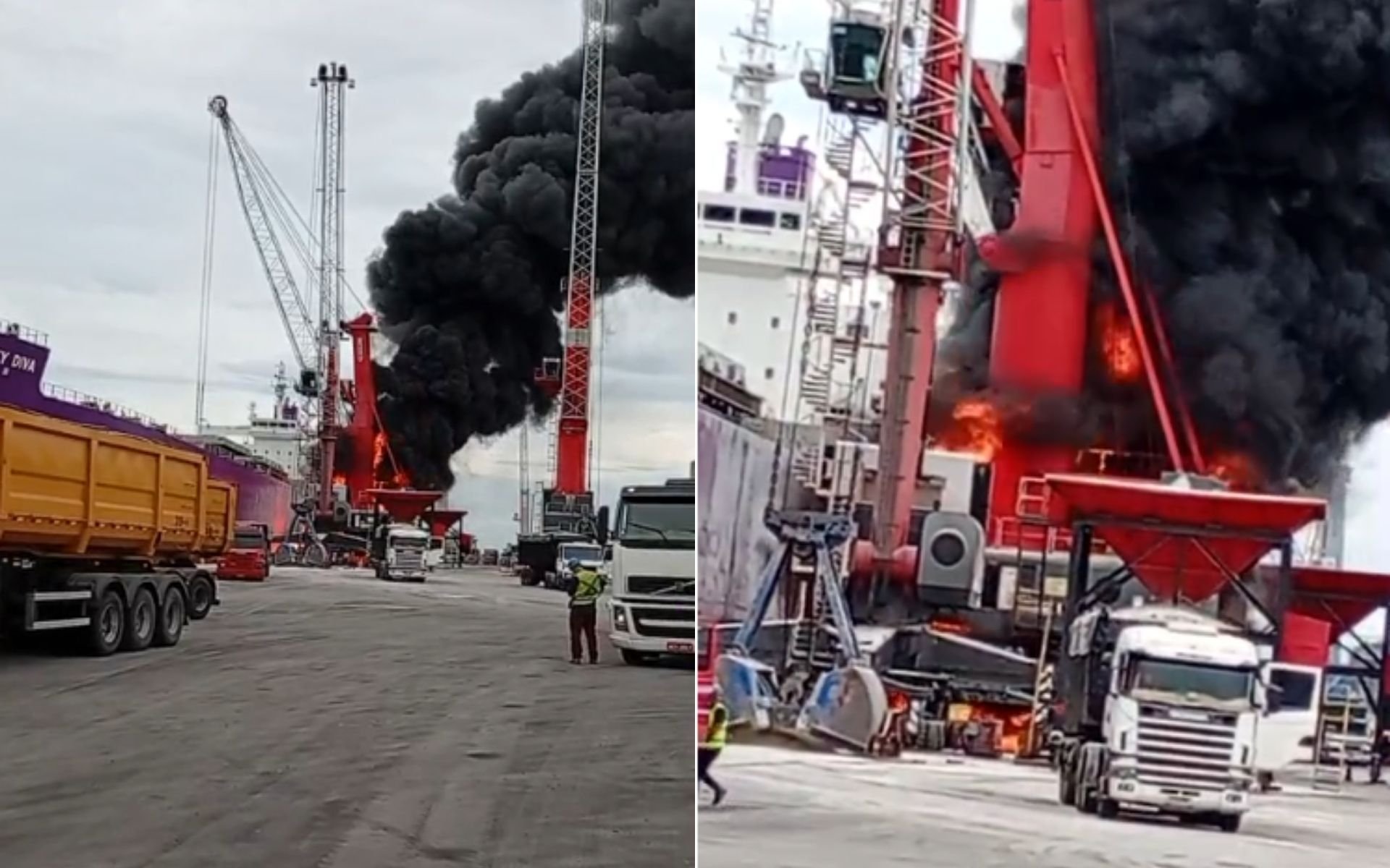 V&Iacute;DEO: Guindaste pega fogo e gera imensa nuvem de fuma&ccedil;a no Porto de Rio Grande