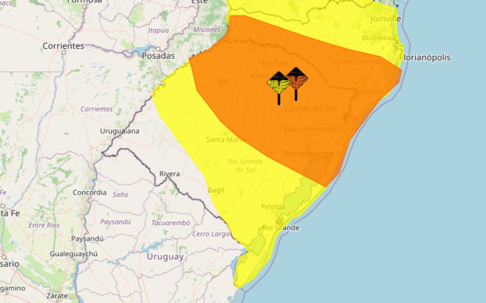 Tempestades com ventos de at&eacute; 100 km/h e risco de granizo deixam o RS em alerta