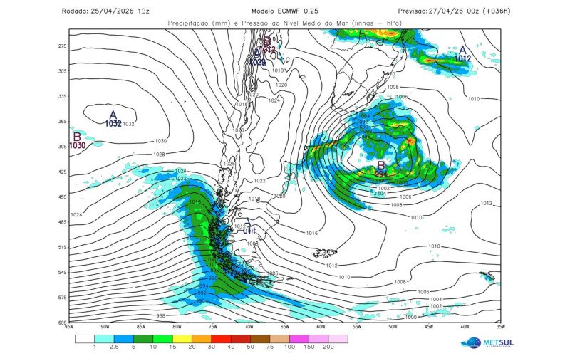 Ciclone extratropical se intensificando na costa da província de Buenos Aires, na Argentina, no final deste domingo (26), conforme modelo europeu | abc+