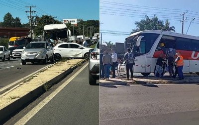 Caminhão, ônibus e carros se envolvem em acidente na RS-240; duas pessoas ficam feridas