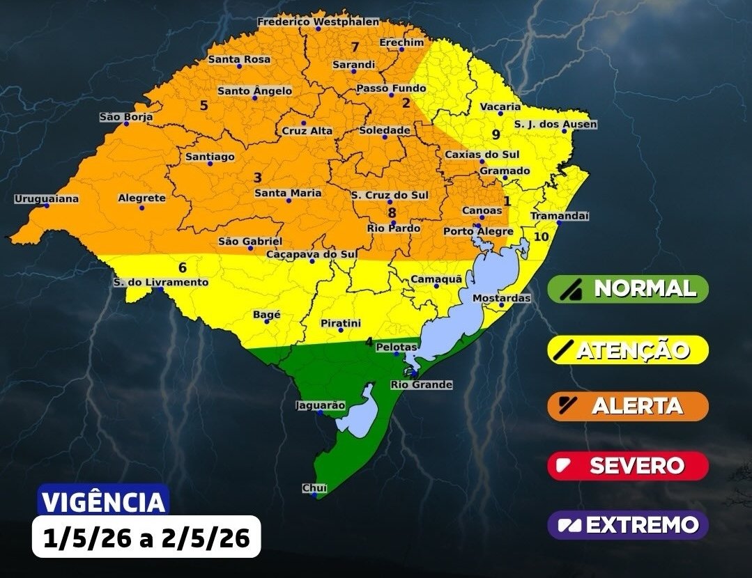 Frente fria: Alertas do Inmet e Defesa Civil indicam risco de granizo e ventos de 90 km/h no RS