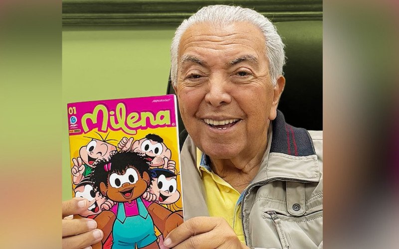 "Ele já garantiu a dele", escreveu o MSP Estúdios com uma foto de Maurício de Souza e a nova revista da Milena | abc+