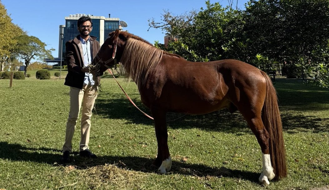 Cavalo Caramelo recebe visita do artista respons&aacute;vel pela escultura de quase 4 metros em homenagem ao animal