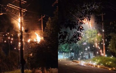 VÍDEO: Poste de luz pega fogo após cabos serem rompidos em Novo Hamburgo