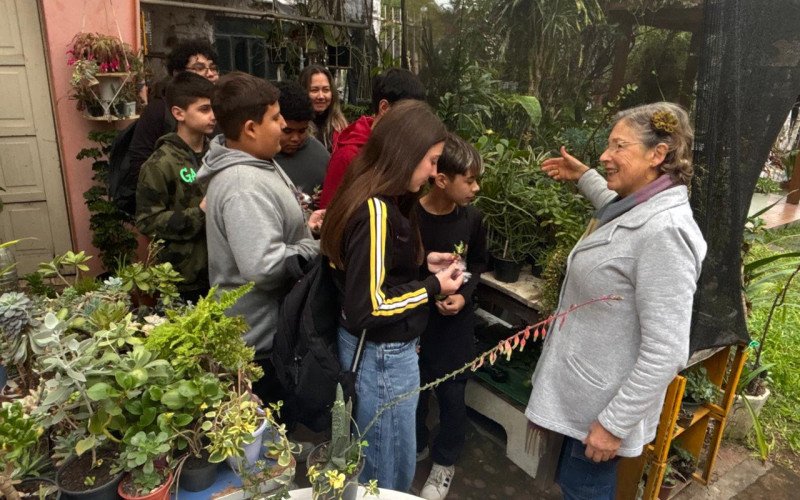 Jardim de suculentas une gerações em visita escolar a cultivadora de 73 anos em Novo Hamburgo