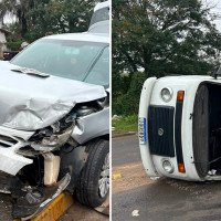 VÍDEO: Kombi tomba em colisão com carro em cruzamento de São Leopoldo