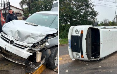 VÍDEO: Kombi tomba em colisão com carro em cruzamento de São Leopoldo