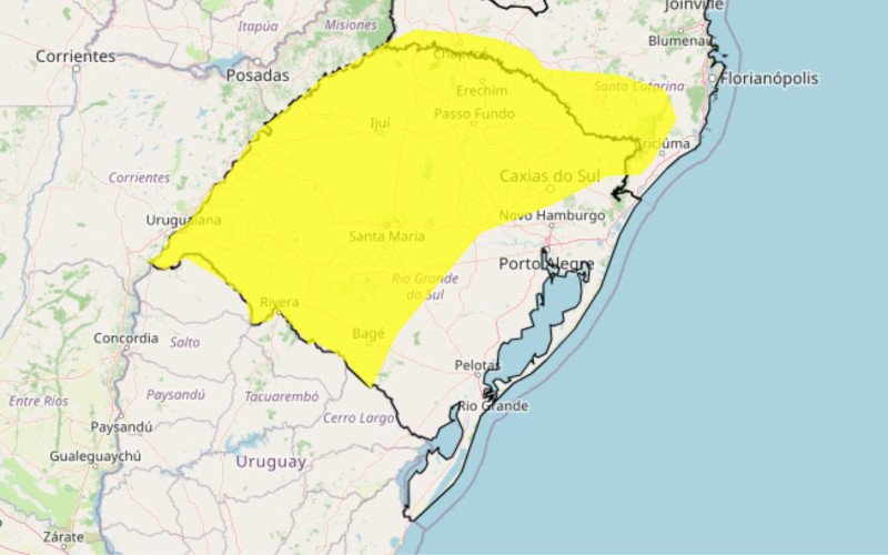 Área de abrangência do aviso de perigo potencial para geada no Rio Grande do Sul
