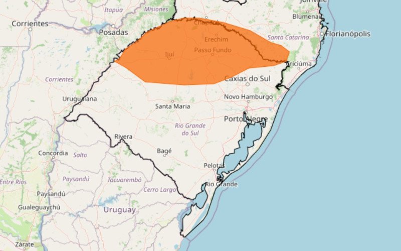Área de abrangência do aviso de perigo para geada no Rio Grande do Sul
