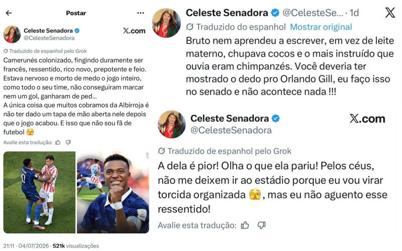 Senadora publicou as ofensas em seu perfil no "X" logo após a França eliminar o Paraguai nas oitavas de final da Copa do Mundo 2026 | abc+