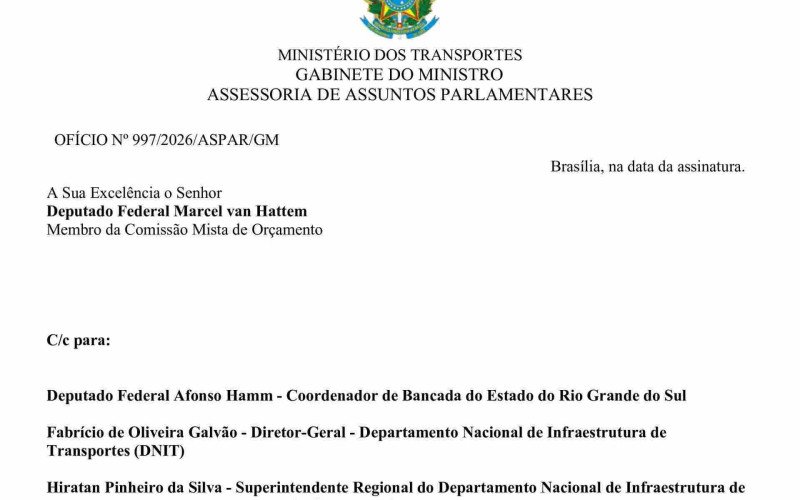 Trecho do Ofício nº 997/2026, assinado pelo ministro dos Transportes, George Santoro, que embasa a análise sobre a disponibilidade de recursos para as obras na BR-116