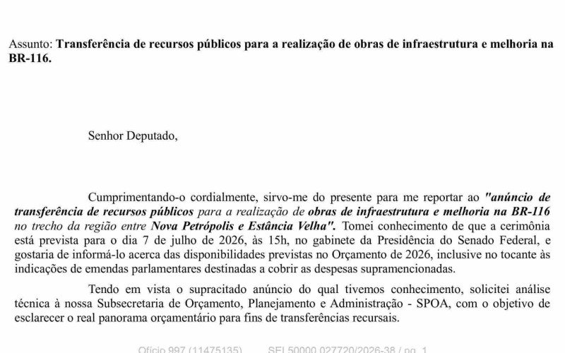 Trecho do Ofício nº 997/2026, assinado pelo ministro dos Transportes, George Santoro, que embasa a análise sobre a disponibilidade de recursos para as obras na BR-116