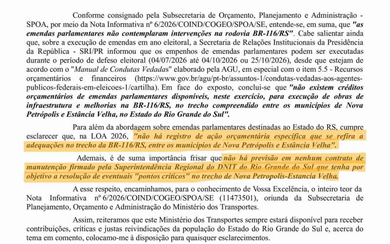 Trecho do Ofício nº 997/2026, assinado pelo ministro dos Transportes, George Santoro, que embasa a análise sobre a disponibilidade de recursos para as obras na BR-116 | abc+