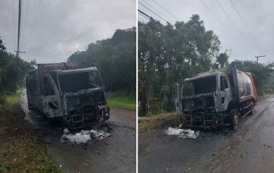 VÍDEO: Caminhão de lixo pega fogo e cabine fica totalmente destruída em Estância Velha