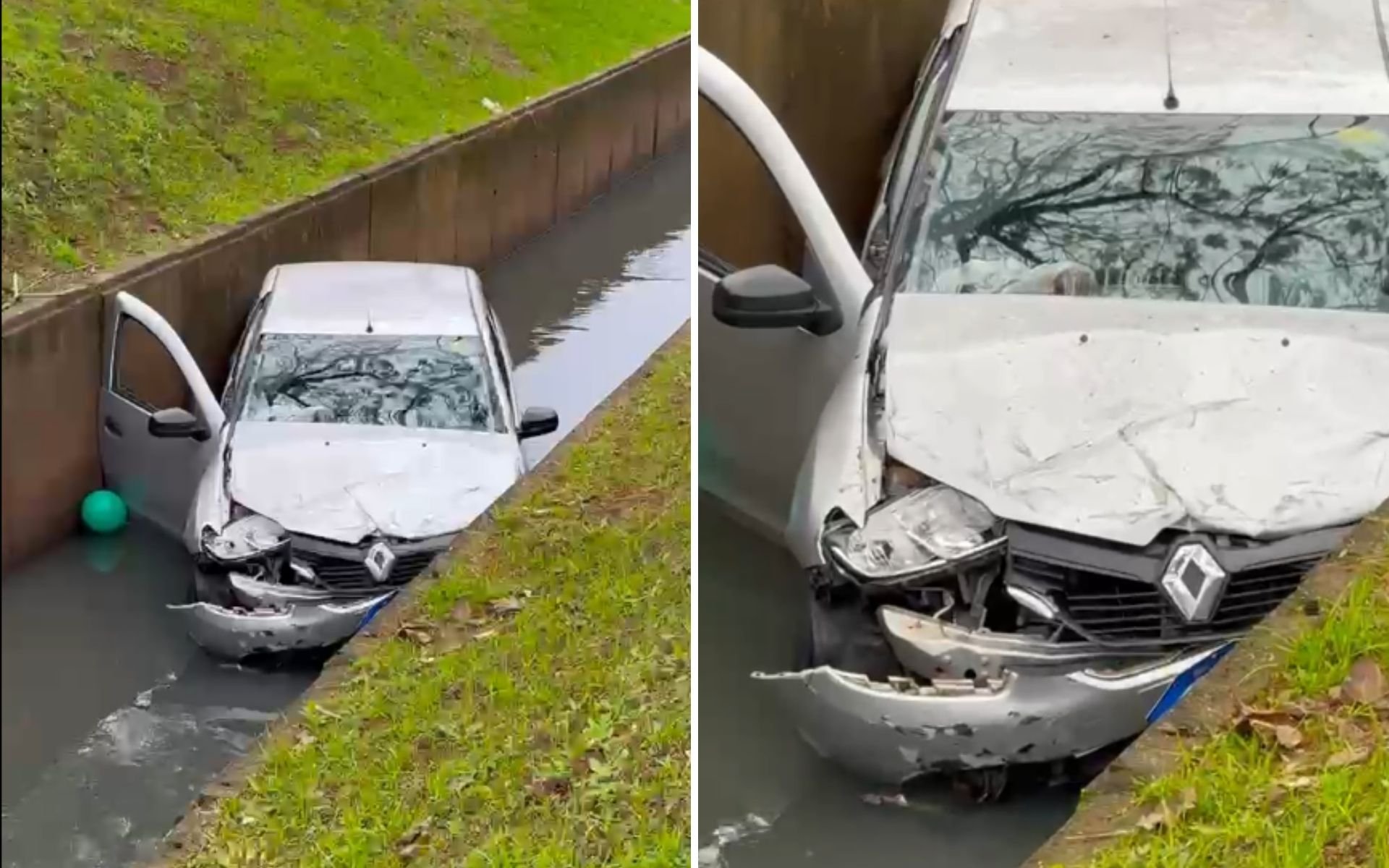 Carro com família cai em valão após desviar de buraco em São Leopoldo; veja vídeo