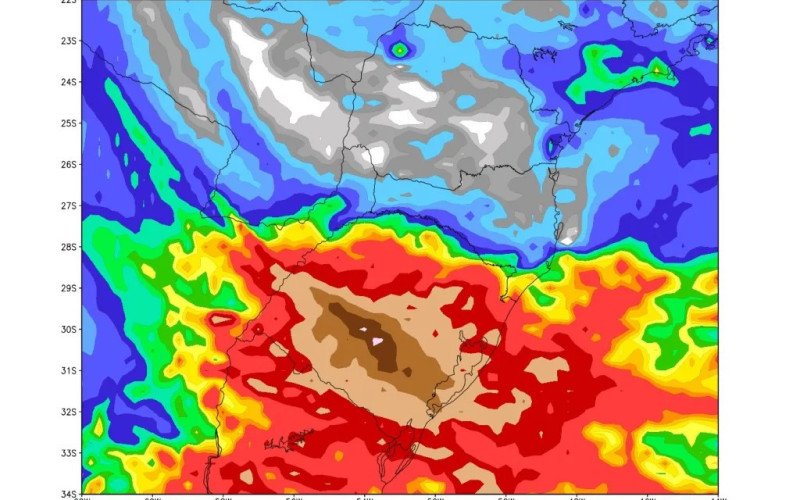 Mapas mostram as projeções de chuva para 10 dias dos modelos canadense e do Centro Meteorológico Europeu em que se observa como os volumes previstos são particularmente altos no Rio Grande