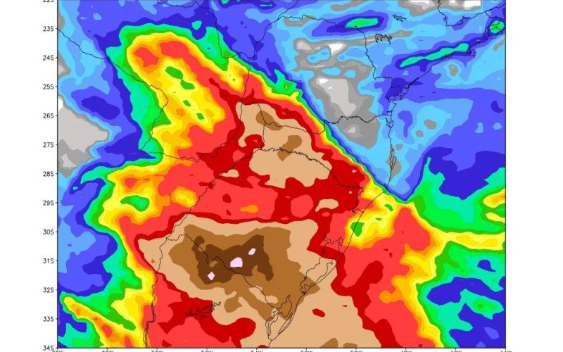 Os mapas mostram as projeções de chuva para 10 dias dos modelos canadense e do Centro Meteorológico Europeu em que se observa como os volumes previstos são particularmente altos no Rio Grande