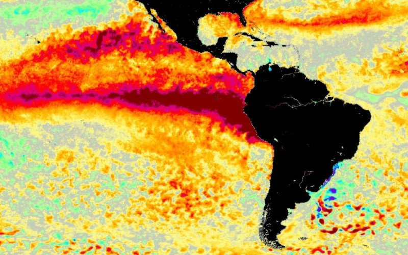 Língua de águas muito mais quentes que o normal na faixa equatorial do Oceano Pacífico é um indicador das condições de Super El Niño já atingidas | abc+