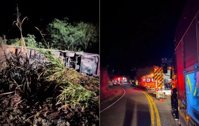 Ônibus que saiu de Gramado com 67 pessoas tomba e deixa mortos em Santa Catarina