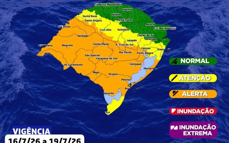 O mapa de risco hidrológico indica maior preocupação com elevação de rios e arroios no Sul, Oeste e parte da região Central do Estado. Já a Região Metropolitana, Serra e os vales aparecem em nível de atenção, com possibilidade de elevação dos cursos d'água, mas sem expectativa, neste momento, de inundações significativas nas principais bacias da região | abc+