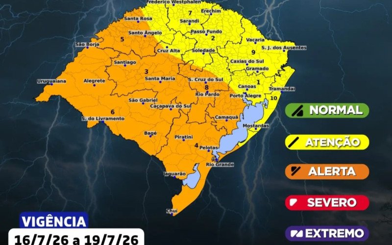 Mapa da Defesa Civil mostra as áreas com maior risco de temporais entre quinta-feira (16) e domingo (19). Em laranja, estão as regiões em alerta para chuva intensa, tempestades, ventos fortes e granizo, principalmente no Sul, Oeste e Centro do Estado. A Região Metropolitana, Serra, Vale do Sinos, Vale do Paranhana, Vale do Caí e Litoral Norte aparecem em nível de atenção (amarelo), com menor potencial de transtornos | abc+