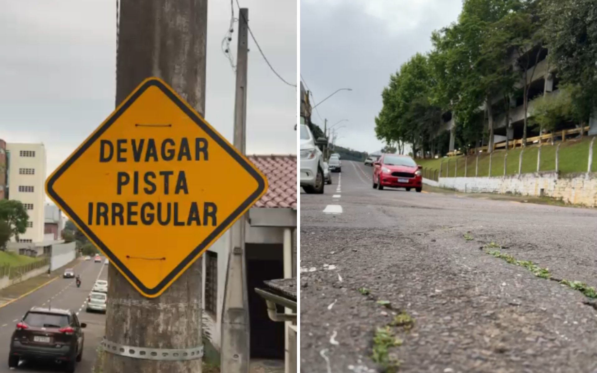 “Devagar, pista irregular”: Placa indica desnível em rua de Novo Hamburgo, mas problema segue sem solução