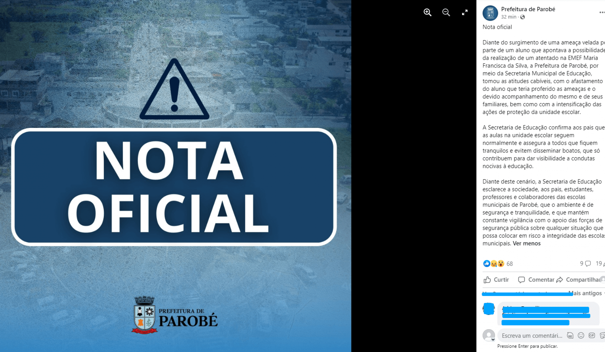 Nota oficial sobre afastamento de aluno foi publicada nas redes sociais da prefeitura de Parobé