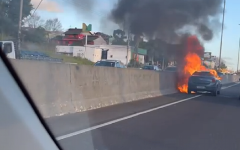 VÍDEO: Carro pega fogo na BR-116 e causa bloqueio no trânsito