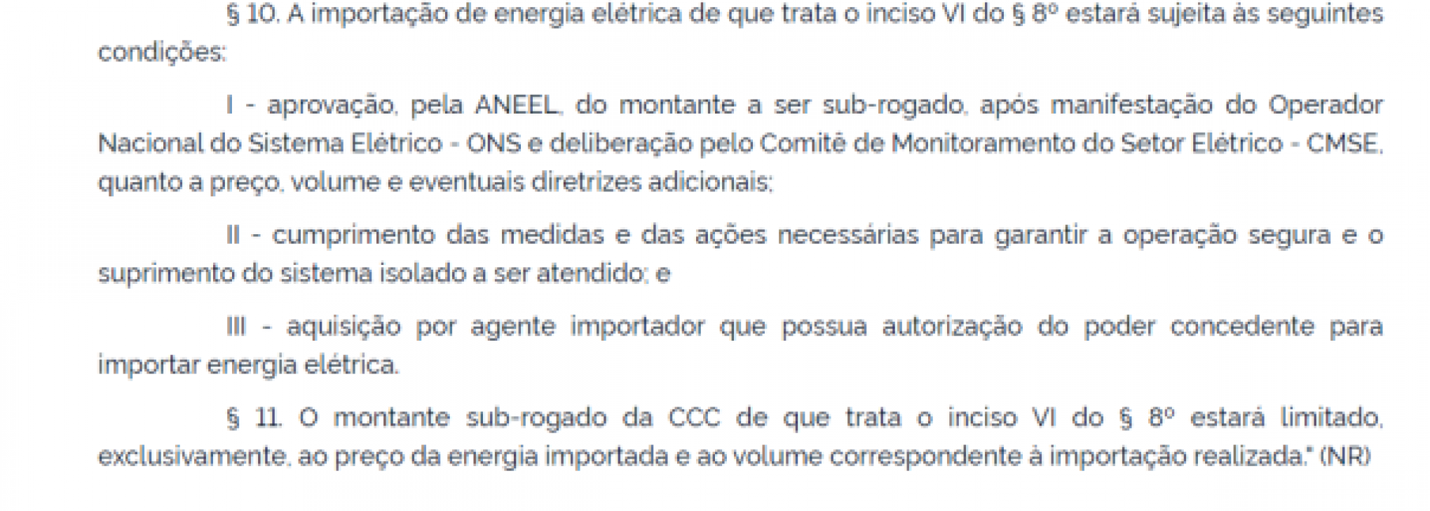 Trecho do decreto que trata sobre a importação de energia. | Jornal NH