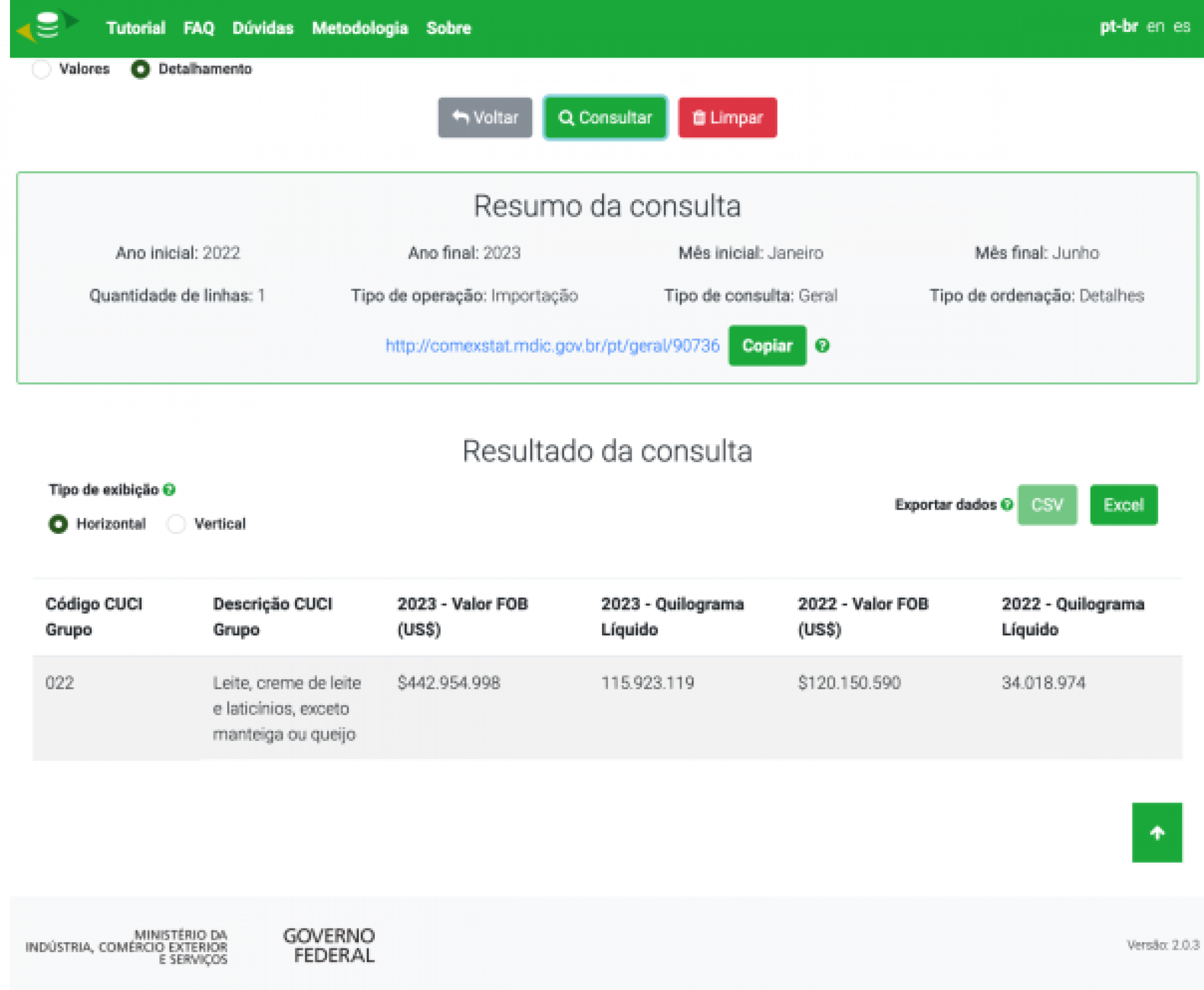 Busca no sistema do Mdic sobre importações de lácteos nos seis primeiros meses de 2022 e 2023. Captura de tela feita em 24 de agosto de 2023. Fonte. | Jornal NH