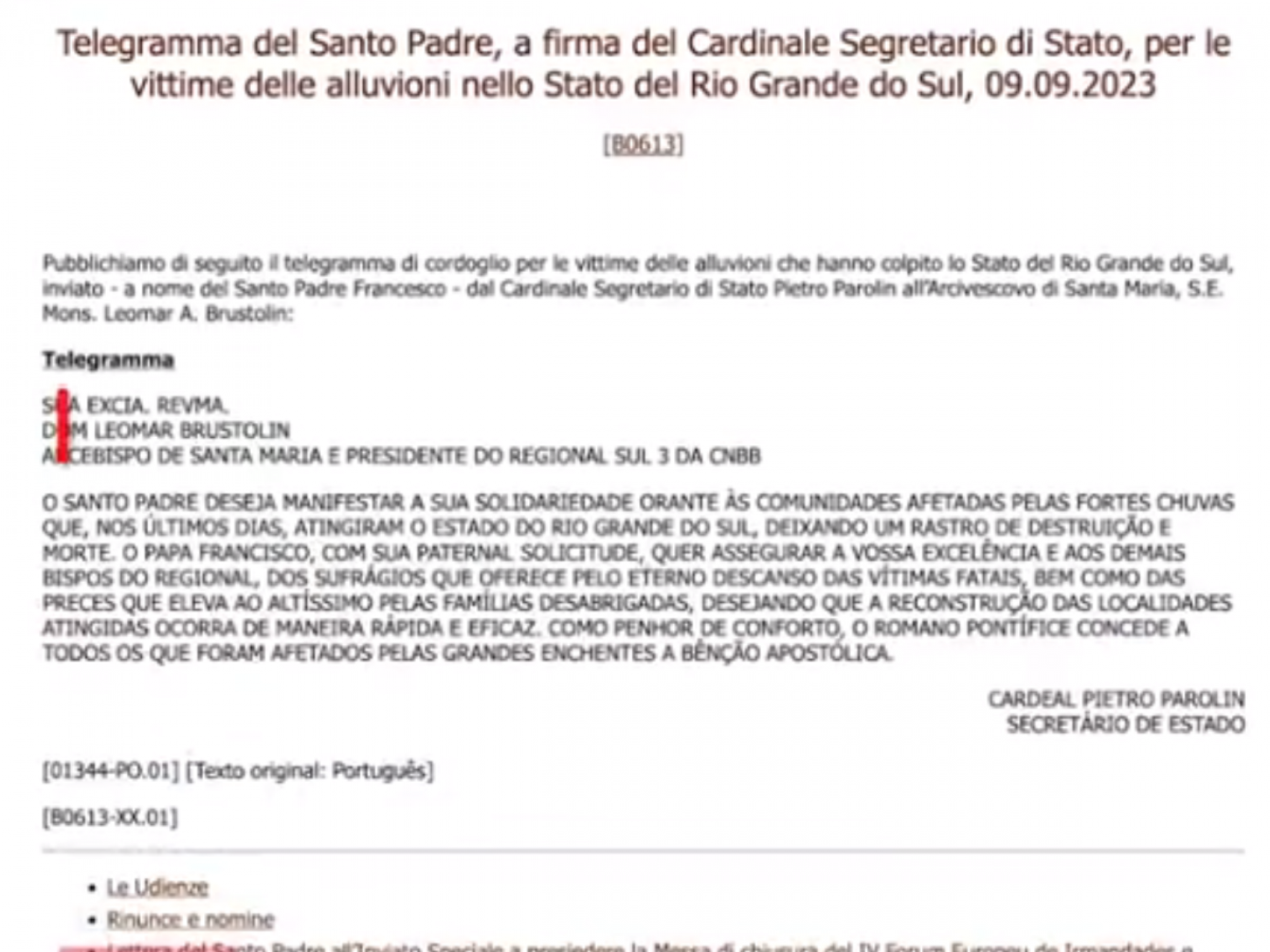 Telegrama do papa Francisco aos atingidos pela enchente no RS | Jornal NH